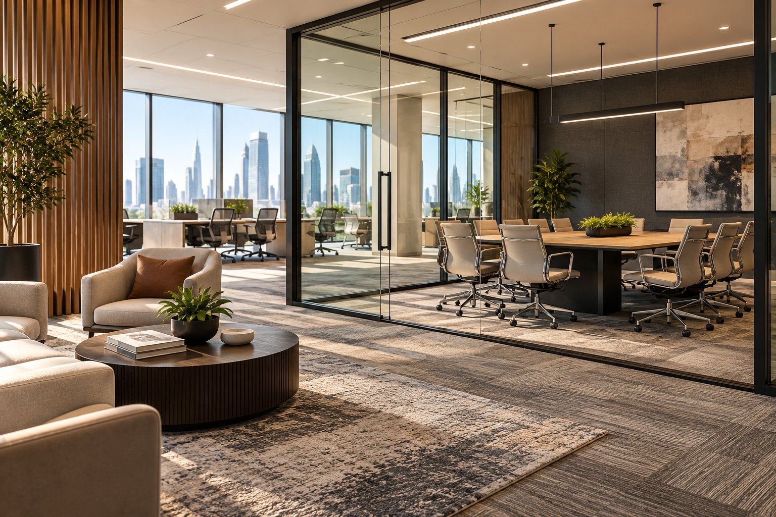 A furnished office lounge with a Dallas skyline view