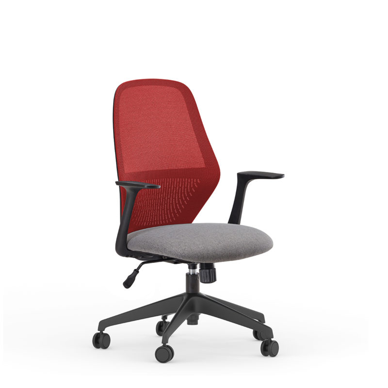 library-images-rise-9d1-black-frame-45C-fixed-arm-high-profile-base-red-accent-red-mesh-back-light-grey-seat-front45